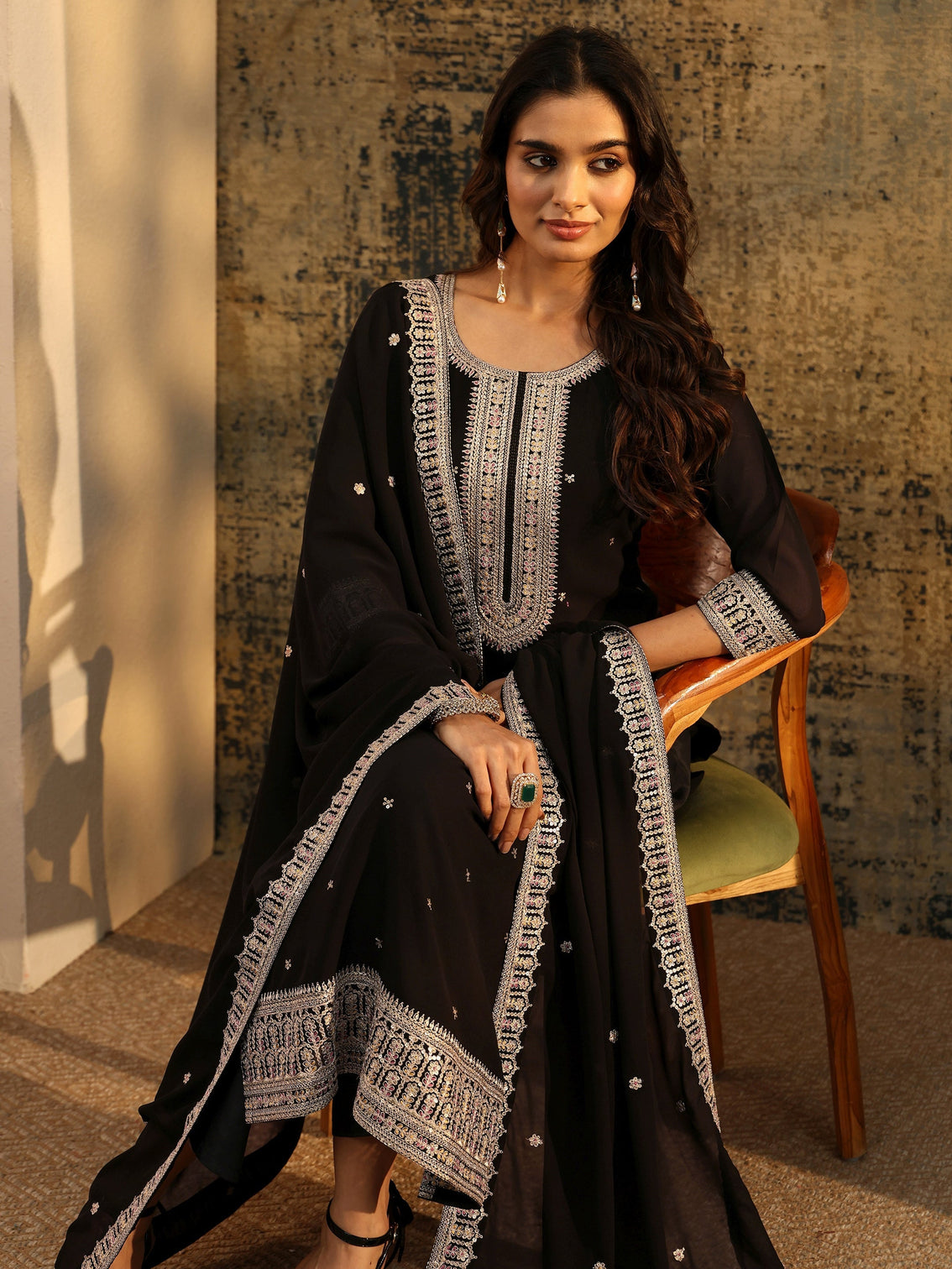 Mameraa Black Sequins Embellished Georgette Straight Suit Set