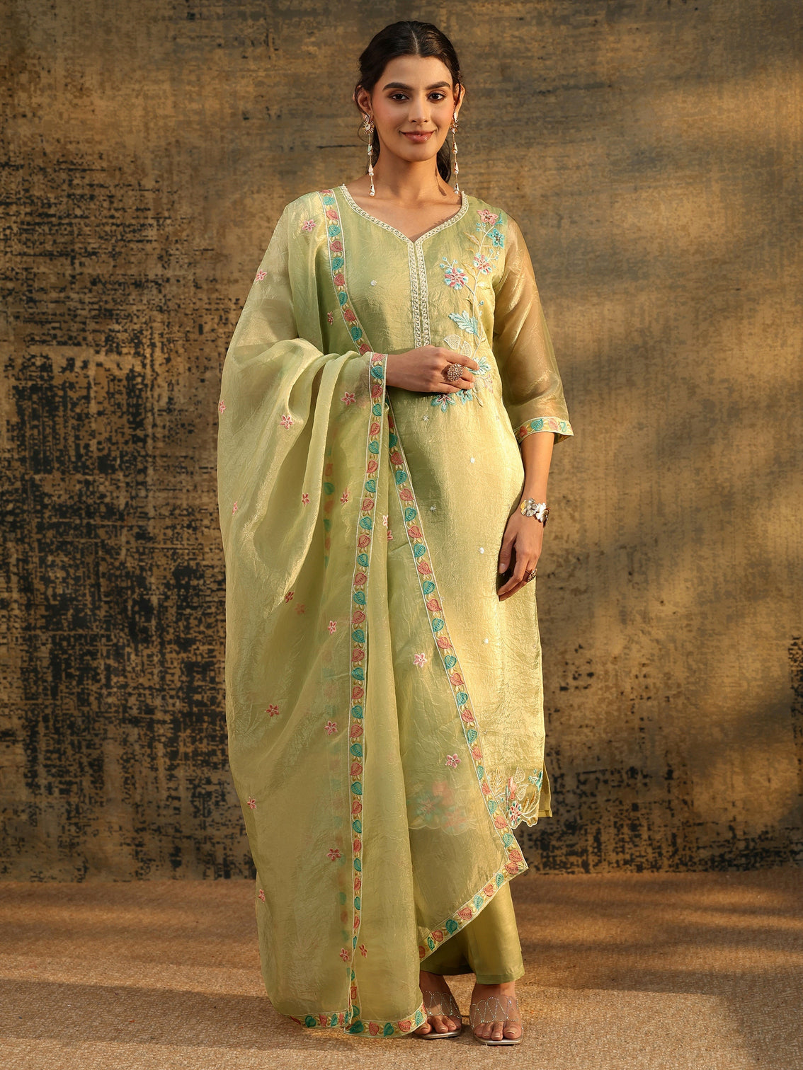 Mameraa Light Olive Ethnic Embroidered Organza Straight Suit Set