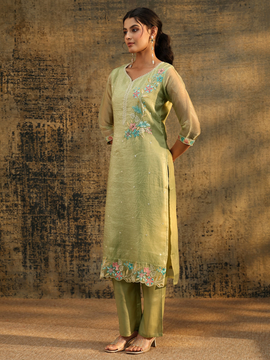 Mameraa Light Olive Ethnic Embroidered Organza Straight Suit Set