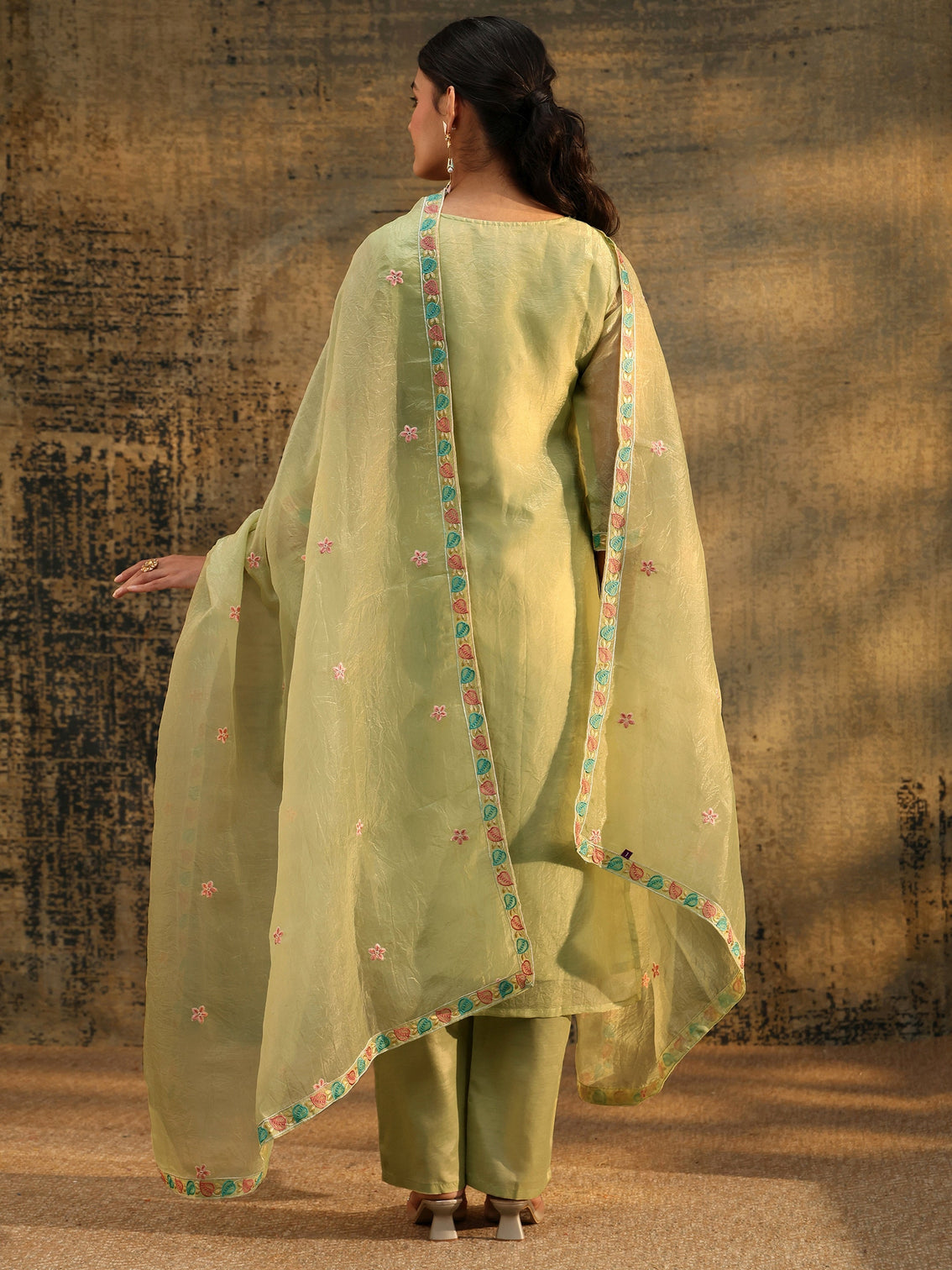 Mameraa Light Olive Ethnic Embroidered Organza Straight Suit Set