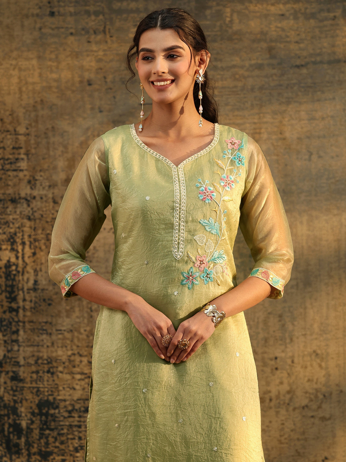 Mameraa Light Olive Ethnic Embroidered Organza Straight Suit Set