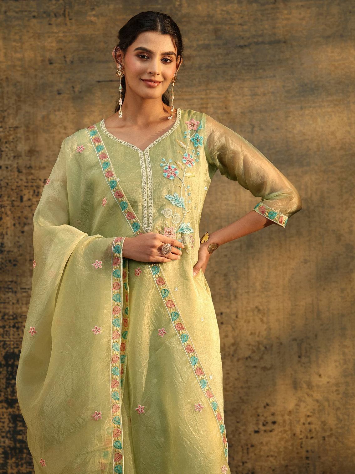 Mameraa Light Olive Ethnic Embroidered Organza Straight Suit Set
