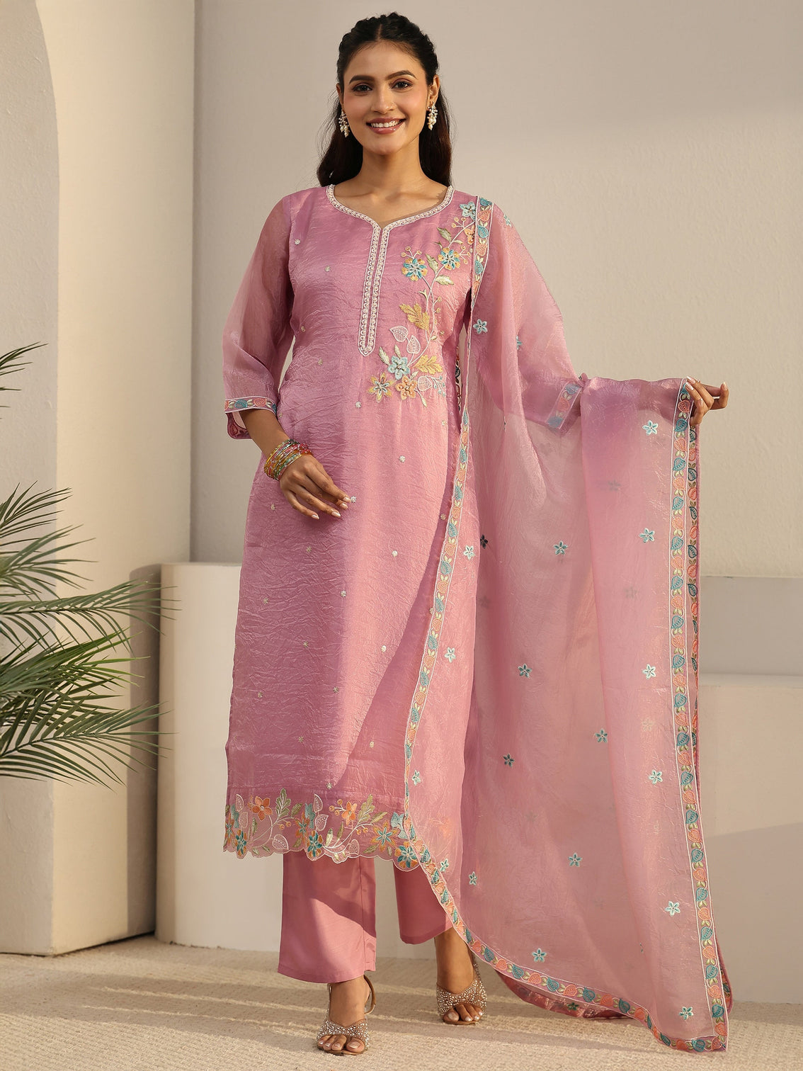 Mameraa Pink Floral Embroidered Organza Straight Suit Set