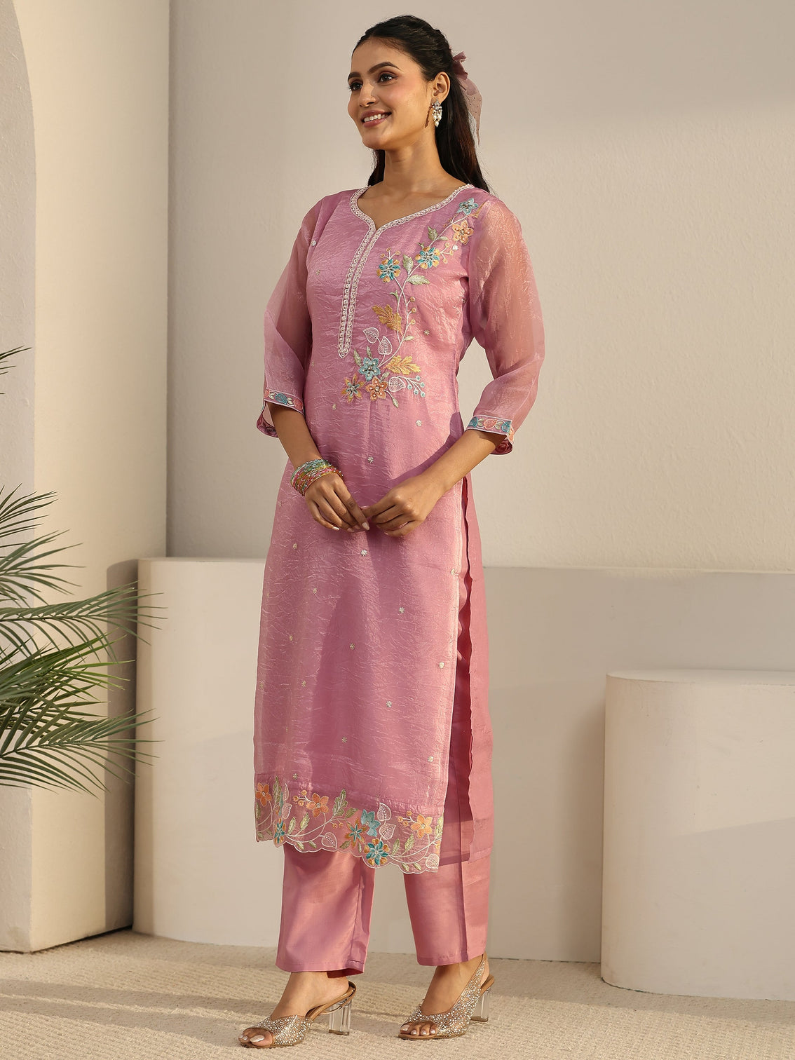 Mameraa Pink Floral Embroidered Organza Straight Suit Set