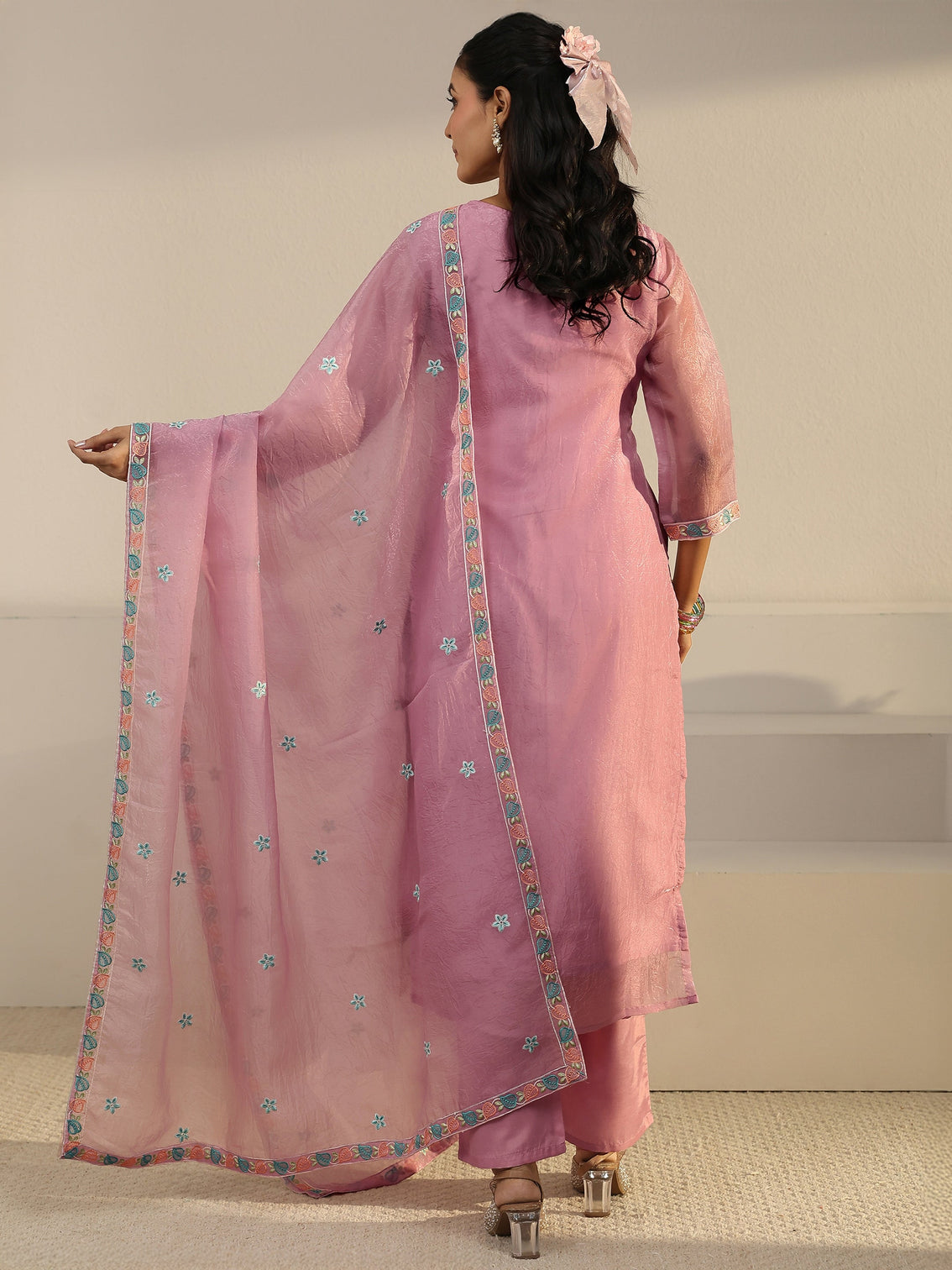 Mameraa Pink Floral Embroidered Organza Straight Suit Set