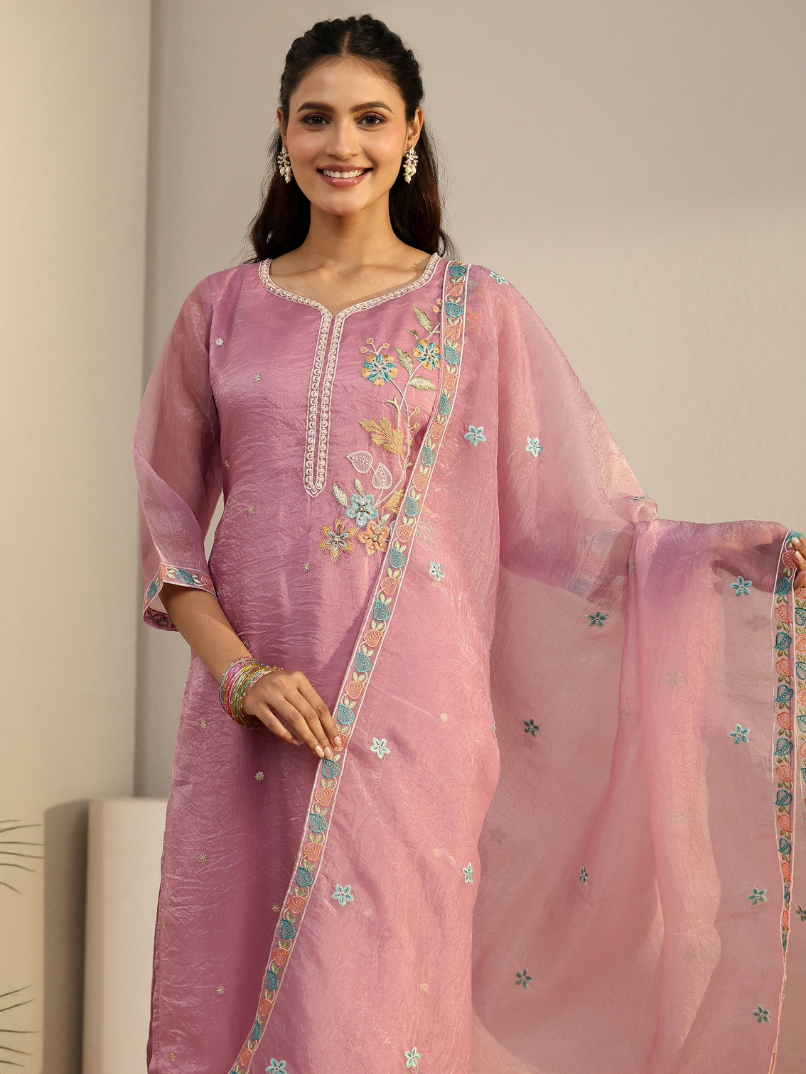 Mameraa Pink Floral Embroidered Organza Straight Suit Set