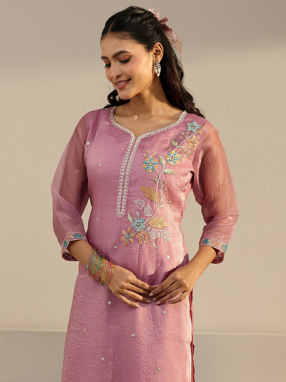 Mameraa Pink Floral Embroidered Organza Straight Suit Set