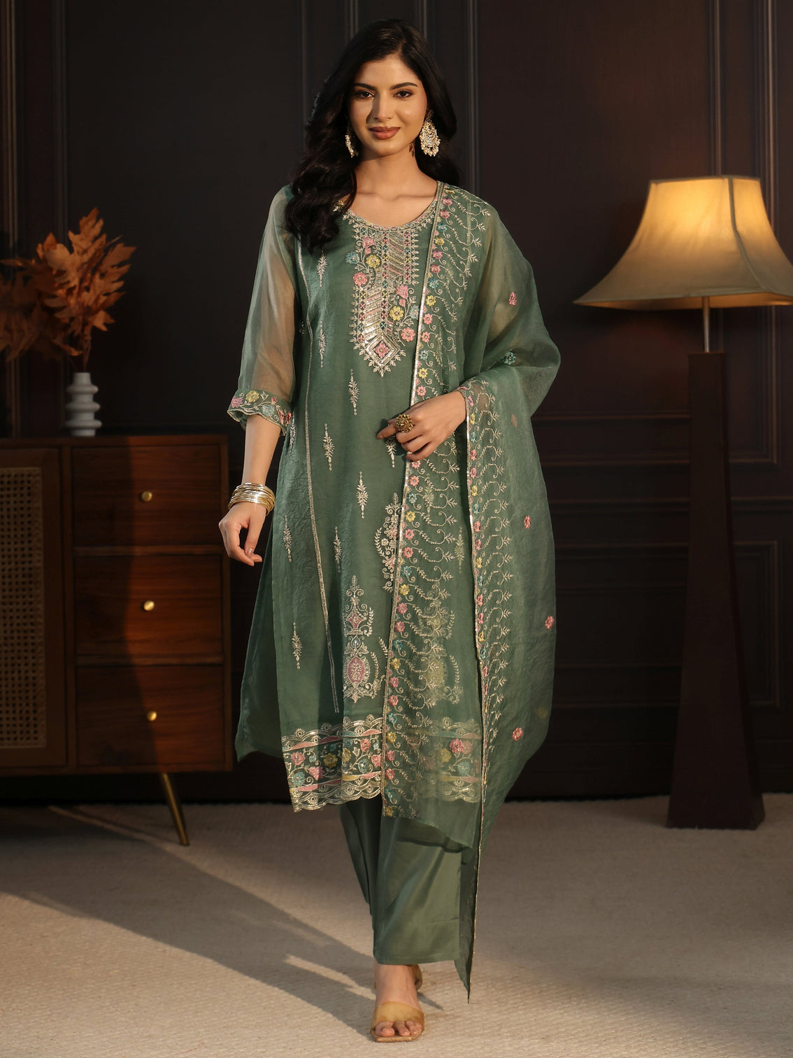 Mameraa Green Floral Embroidered Tissue Straight Suit Set