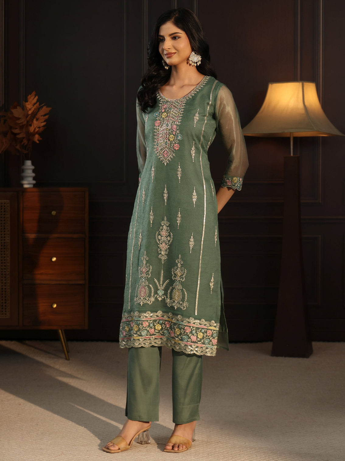 Mameraa Green Floral Embroidered Tissue Straight Suit Set
