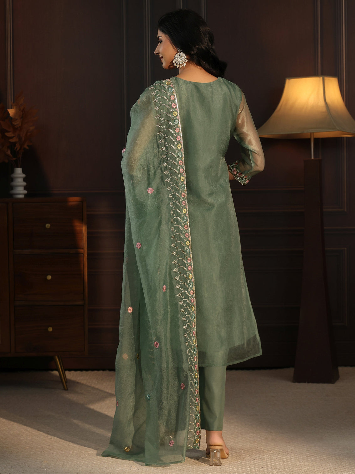 Mameraa Green Floral Embroidered Tissue Straight Suit Set