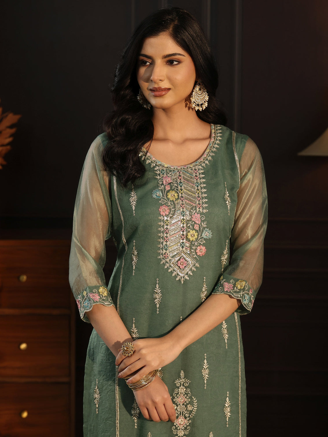 Mameraa Green Floral Embroidered Tissue Straight Suit Set