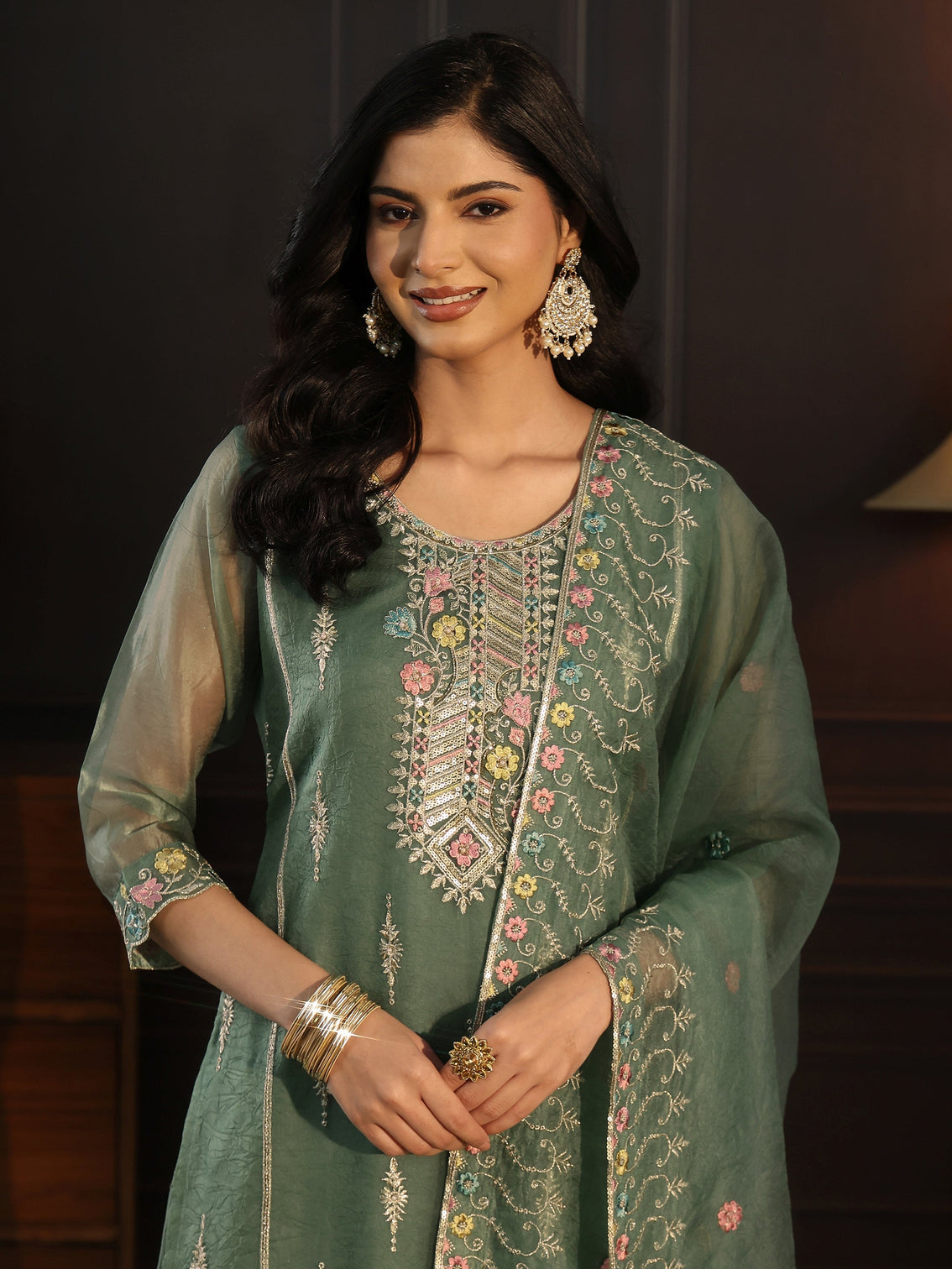 Mameraa Green Floral Embroidered Tissue Straight Suit Set