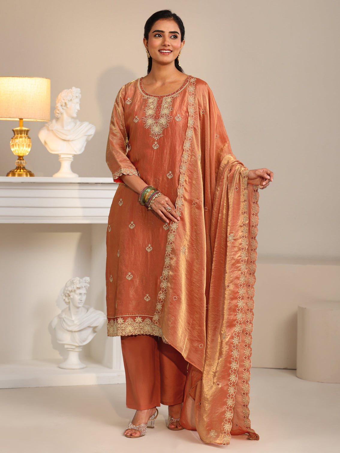Mameraa Rust Embroidered Organza Straight Suit Set