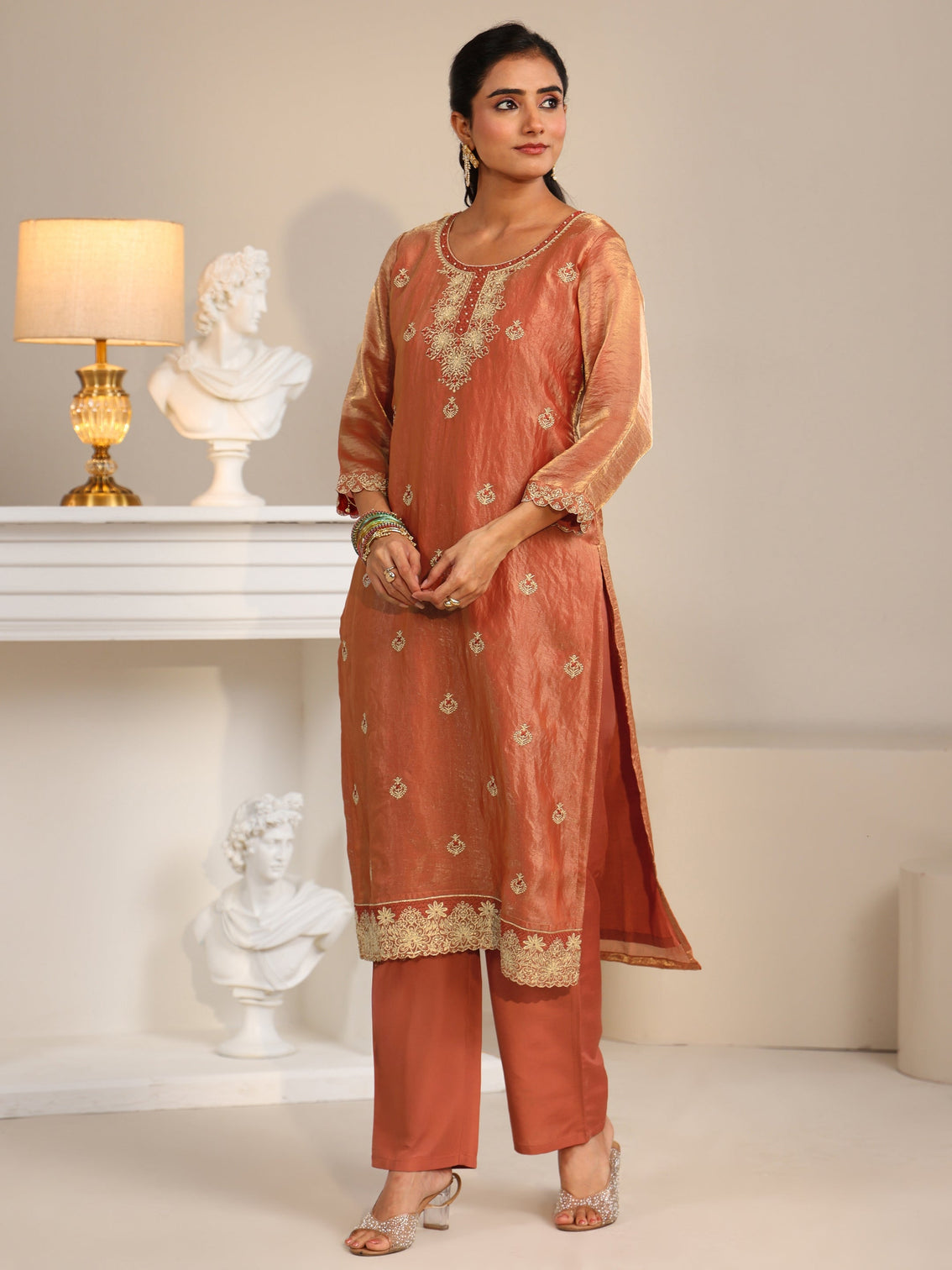 Mameraa Rust Embroidered Organza Straight Suit Set