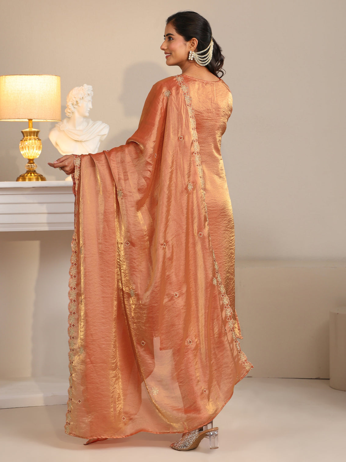 Mameraa Rust Embroidered Organza Straight Suit Set