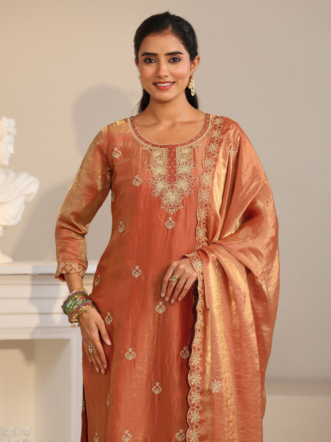 Mameraa Rust Embroidered Organza Straight Suit Set