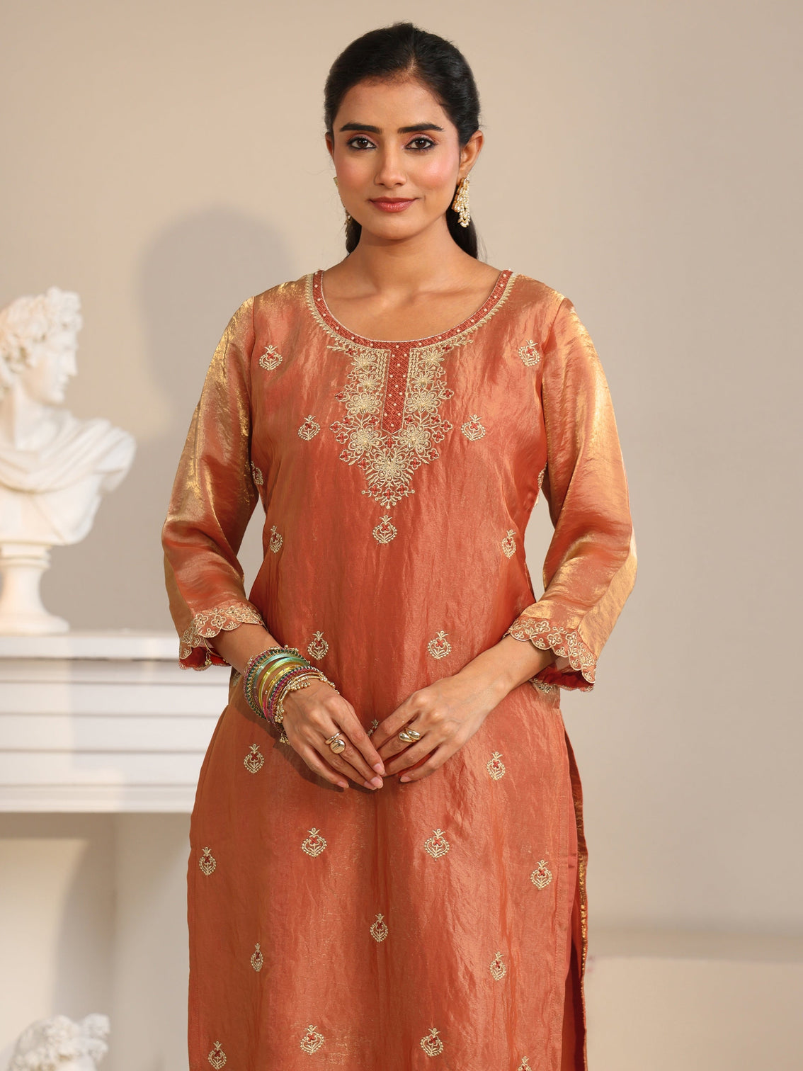 Mameraa Rust Embroidered Organza Straight Suit Set