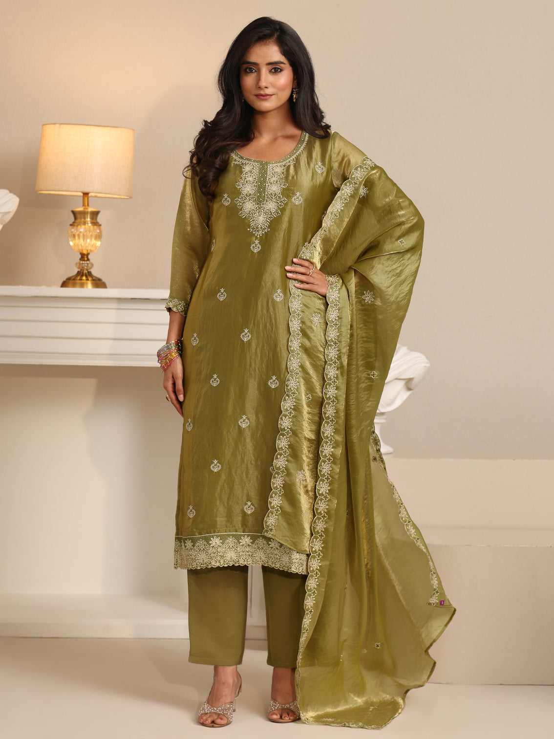 Mameraa Henna Green Ethnic Embroidered Organza Straight Suit Set