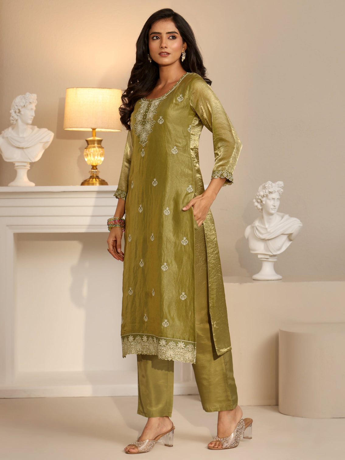 Mameraa Henna Green Ethnic Embroidered Organza Straight Suit Set