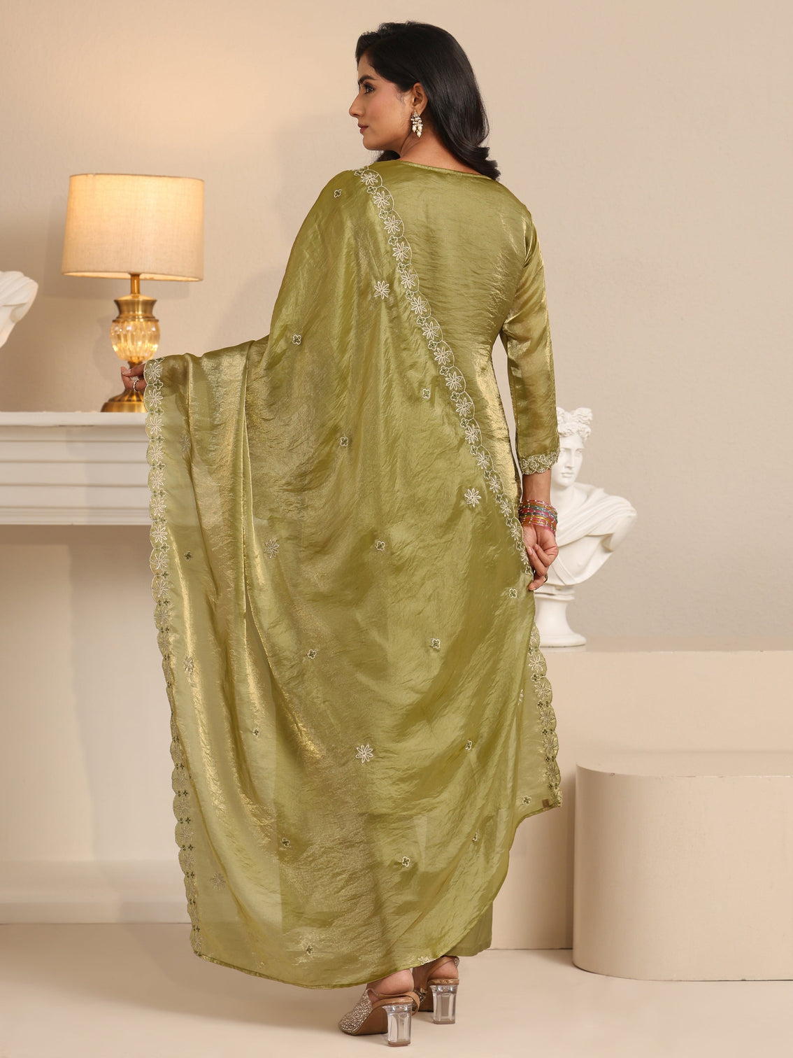 Mameraa Henna Green Ethnic Embroidered Organza Straight Suit Set