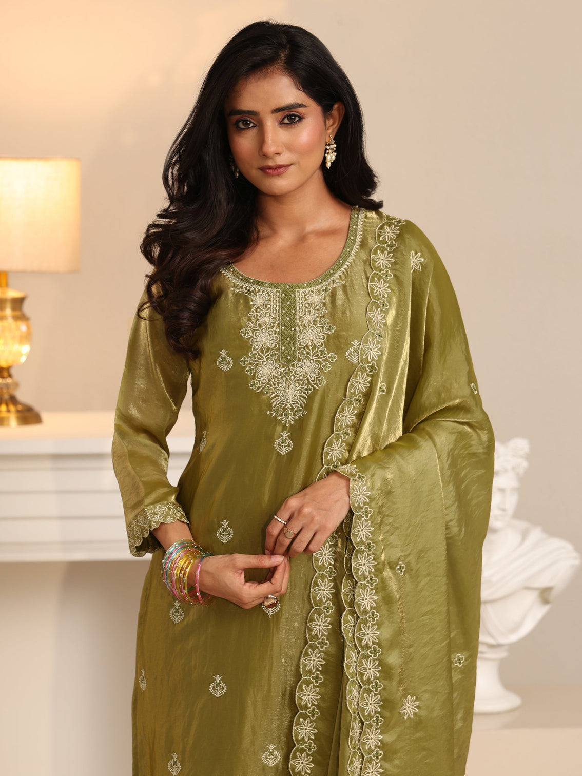 Mameraa Henna Green Ethnic Embroidered Organza Straight Suit Set