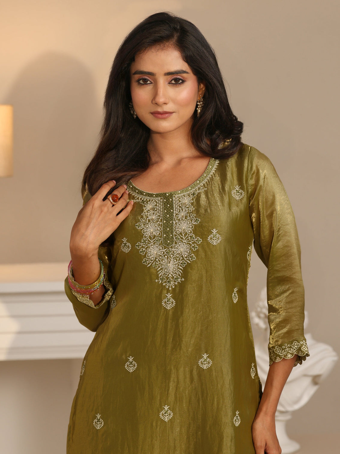 Mameraa Henna Green Ethnic Embroidered Organza Straight Suit Set