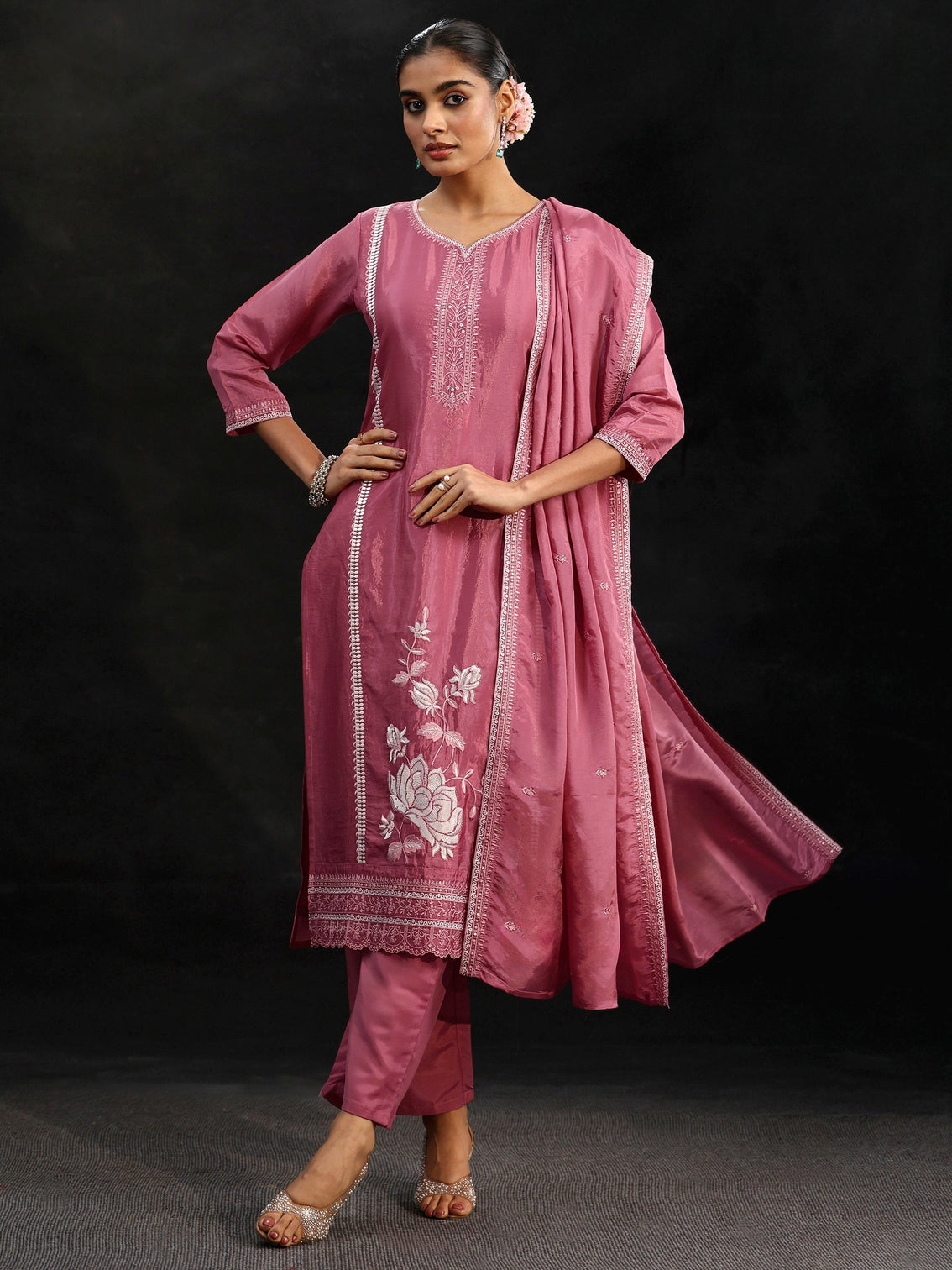 Mameraa Pink Floral Embroidered Organza Straight Suit Set