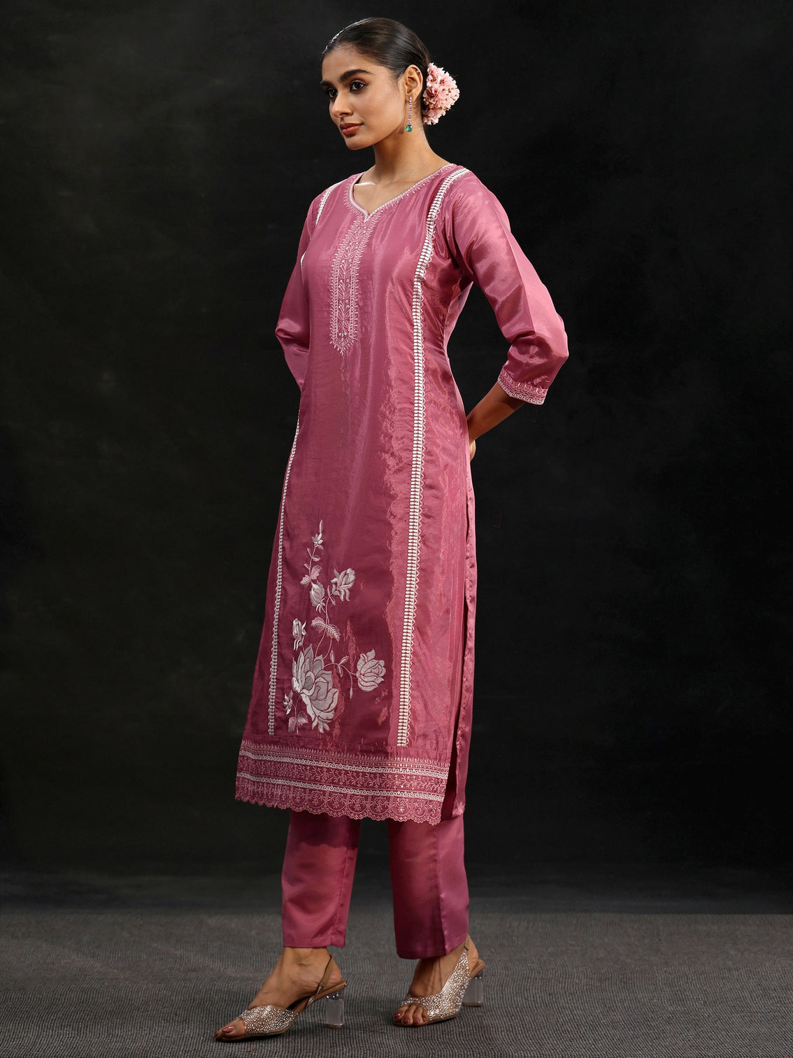 Mameraa Pink Floral Embroidered Organza Straight Suit Set
