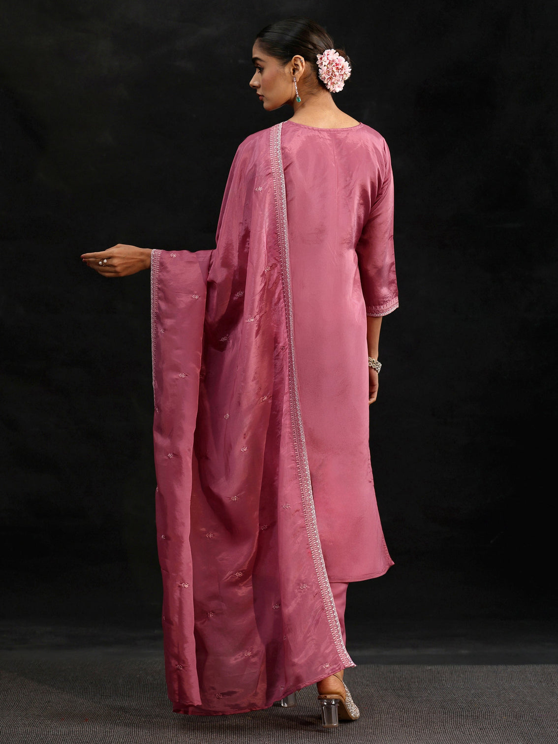 Mameraa Pink Floral Embroidered Organza Straight Suit Set