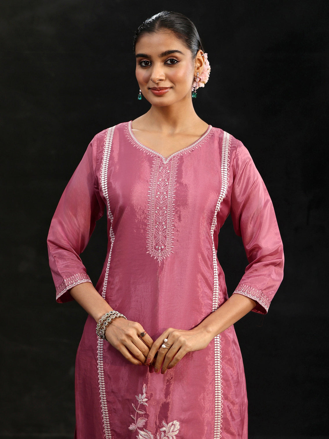 Mameraa Pink Floral Embroidered Organza Straight Suit Set