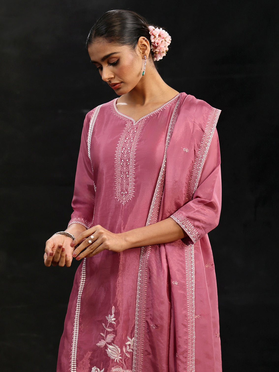 Mameraa Pink Floral Embroidered Organza Straight Suit Set