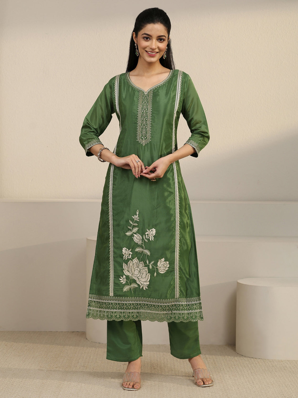 Mameraa Forest Green Floral Embroidered Organza Straight Suit Set