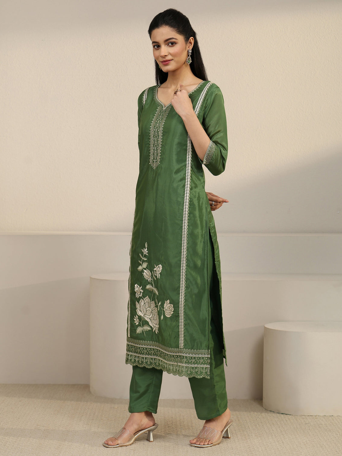 Mameraa Forest Green Floral Embroidered Organza Straight Suit Set