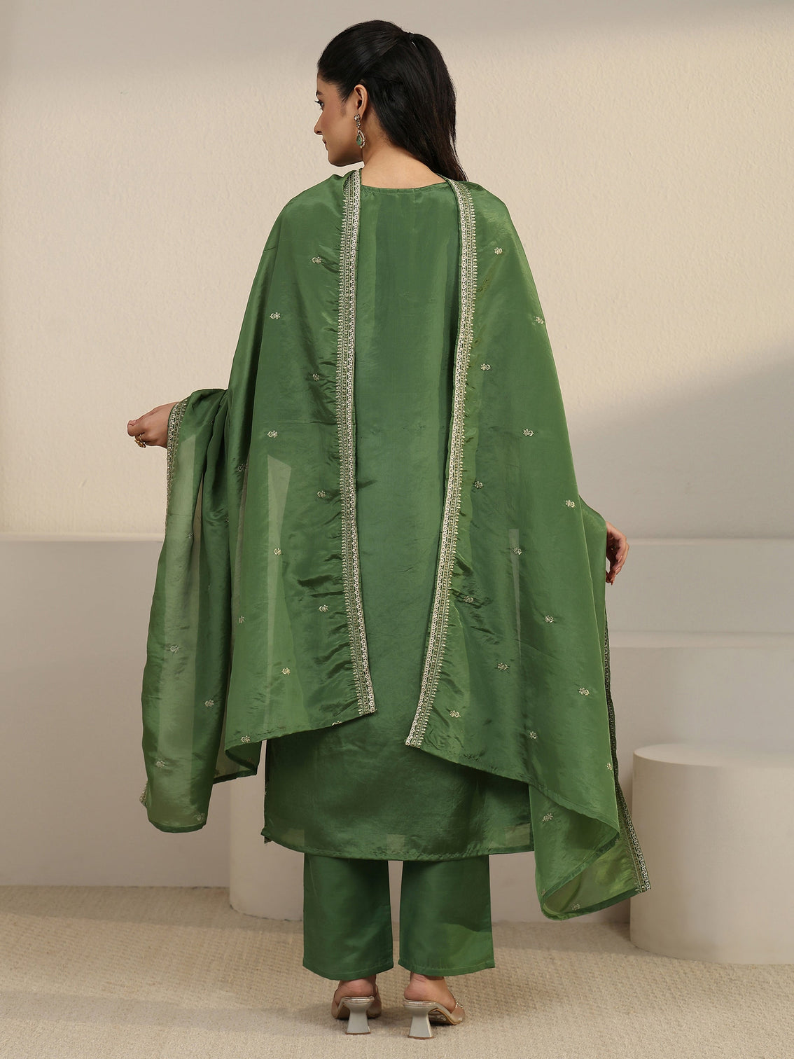 Mameraa Forest Green Floral Embroidered Organza Straight Suit Set