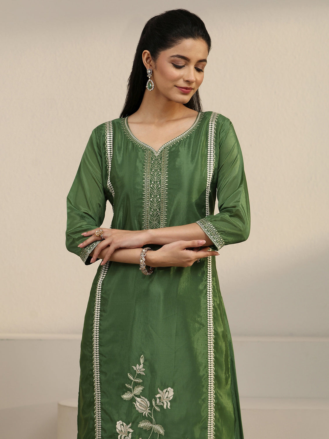 Mameraa Forest Green Floral Embroidered Organza Straight Suit Set