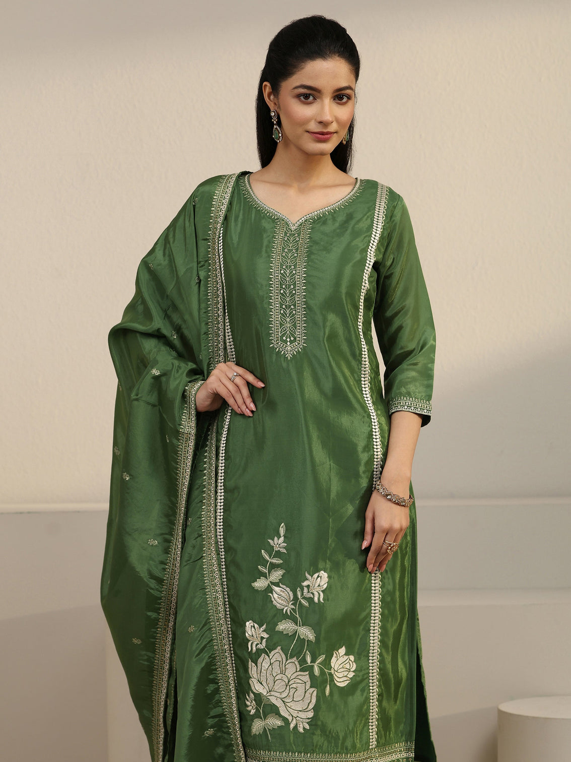 Mameraa Forest Green Floral Embroidered Organza Straight Suit Set