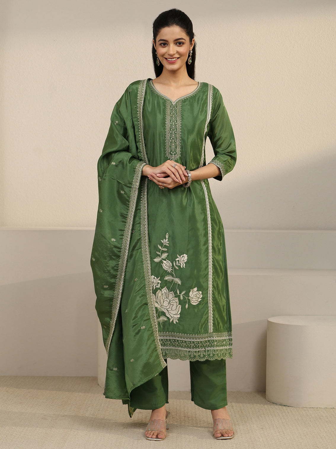 Mameraa Forest Green Floral Embroidered Organza Straight Suit Set