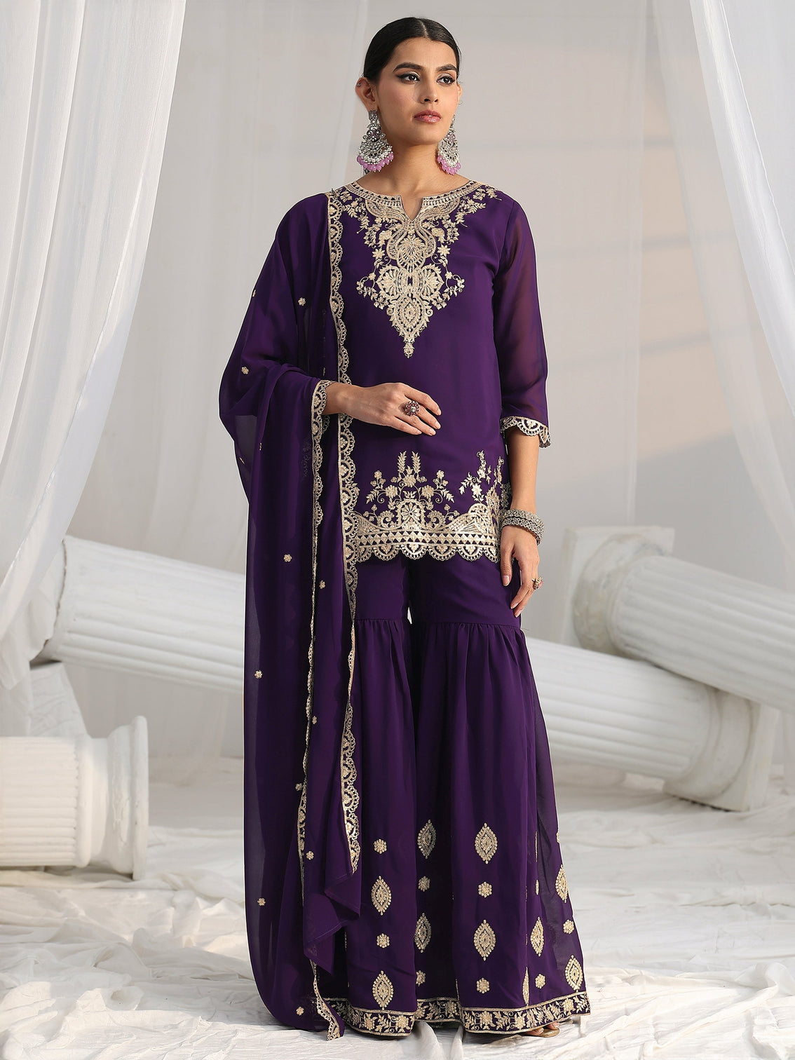 Mameraa Imperial Purple Ethnic Embroidered Sharara Suit Set