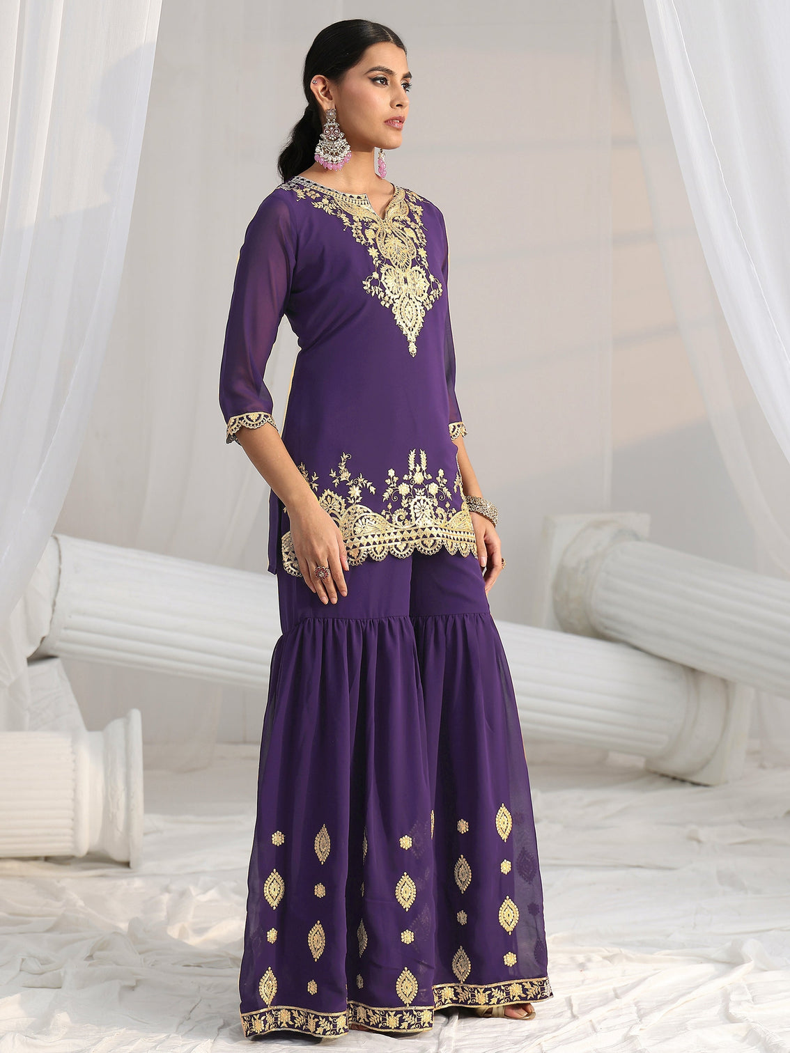 Mameraa Imperial Purple Ethnic Embroidered Sharara Suit Set