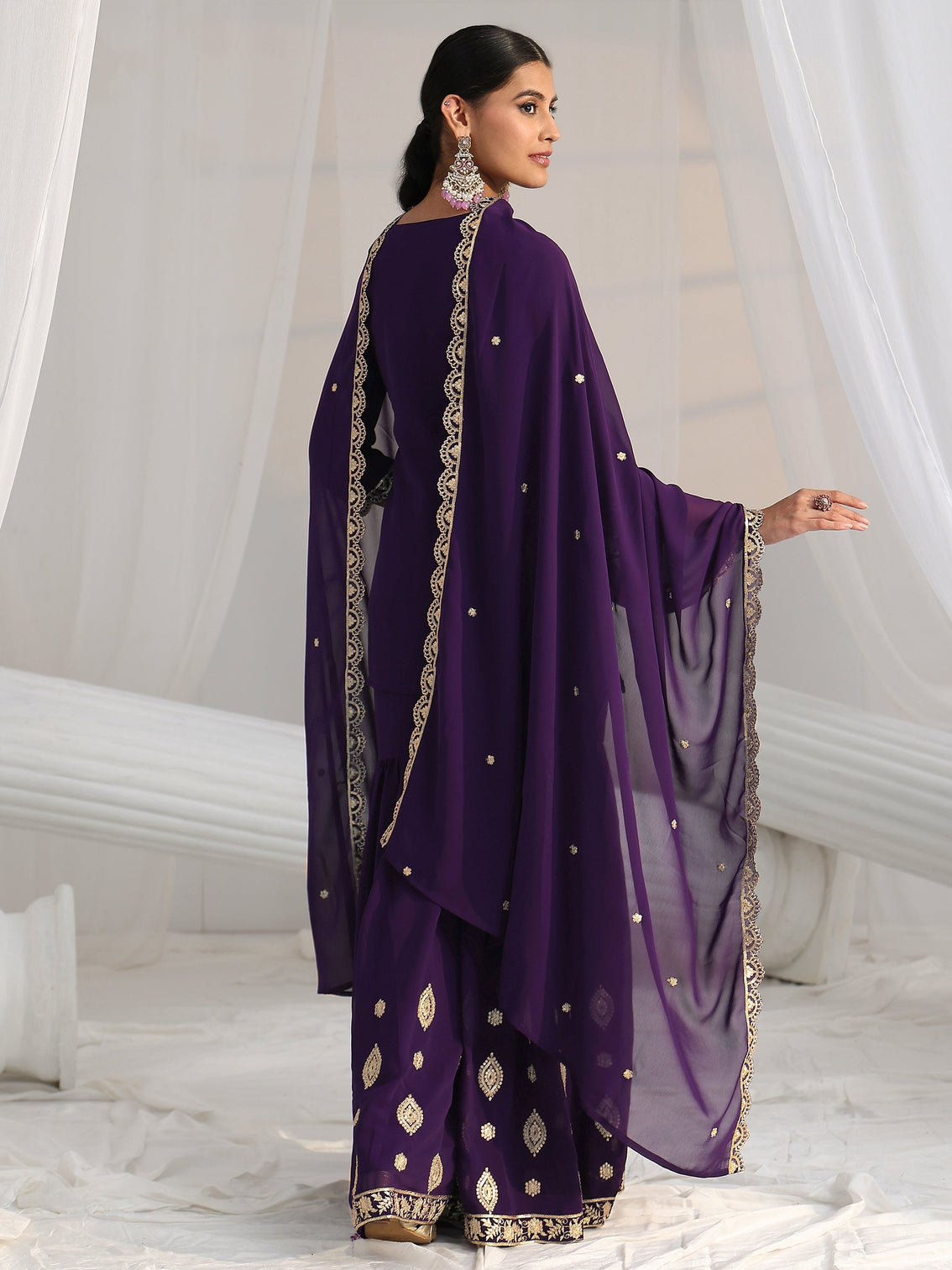 Mameraa Imperial Purple Ethnic Embroidered Sharara Suit Set