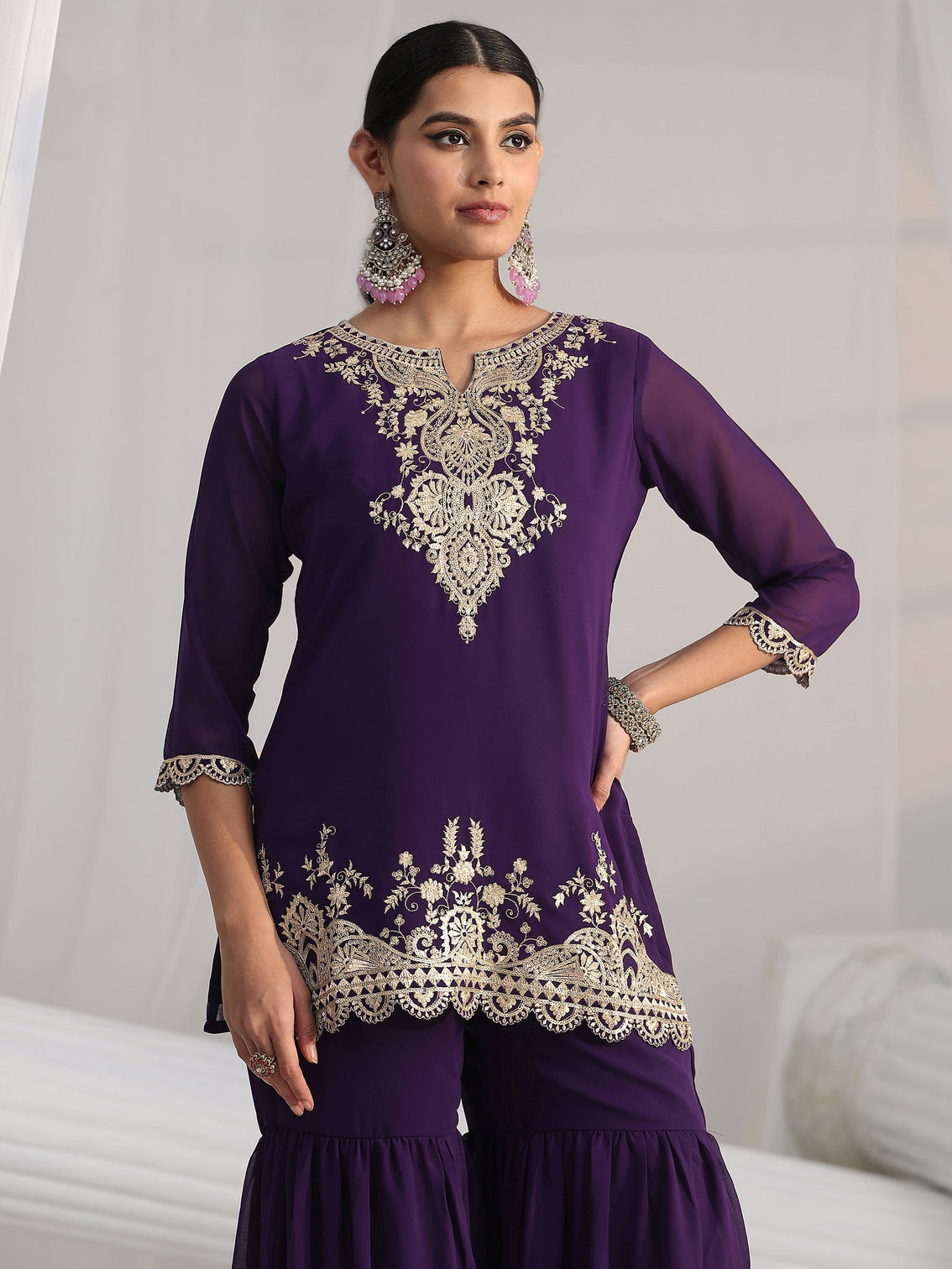 Mameraa Imperial Purple Ethnic Embroidered Sharara Suit Set