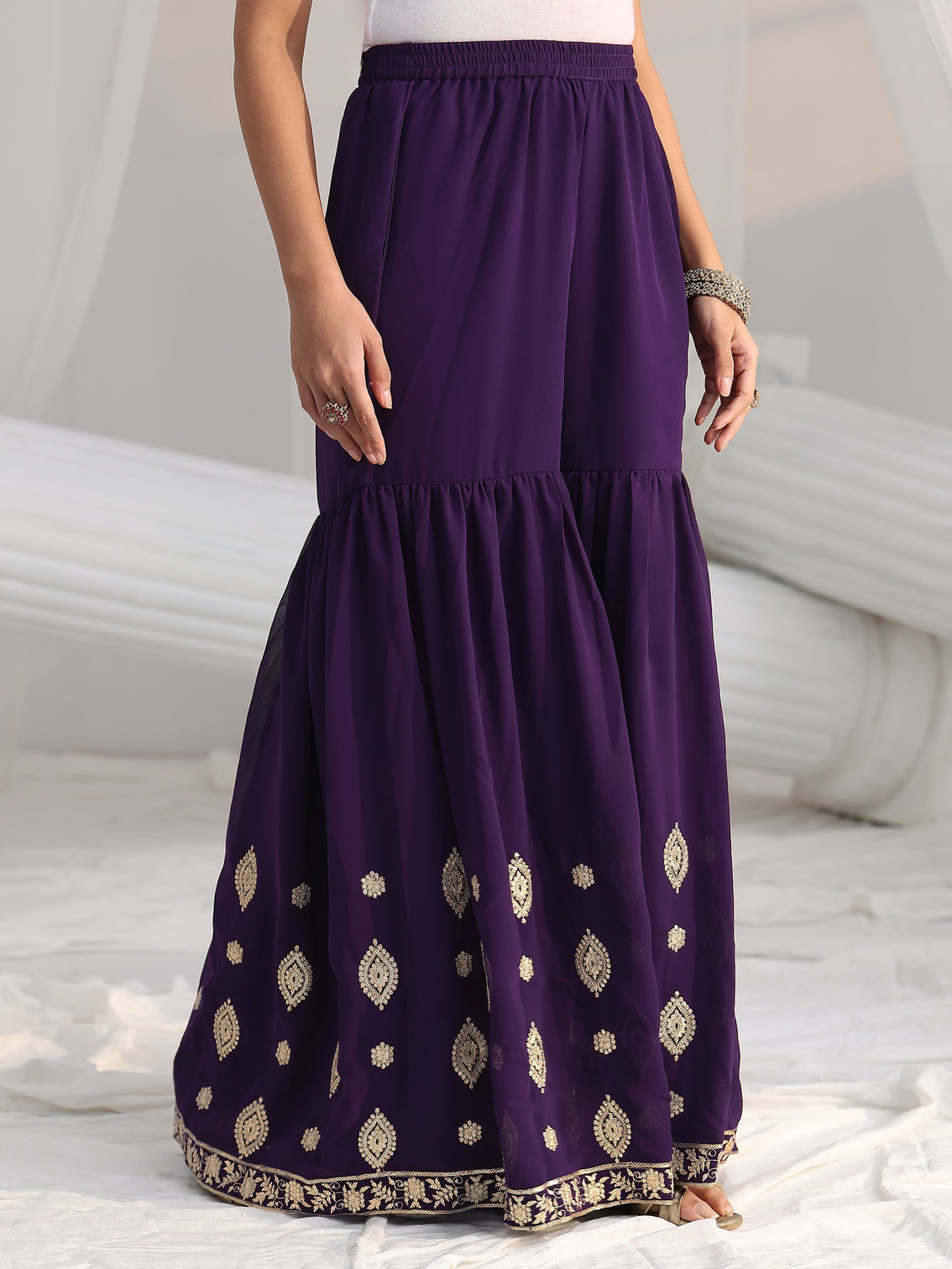 Mameraa Imperial Purple Ethnic Embroidered Sharara Suit Set