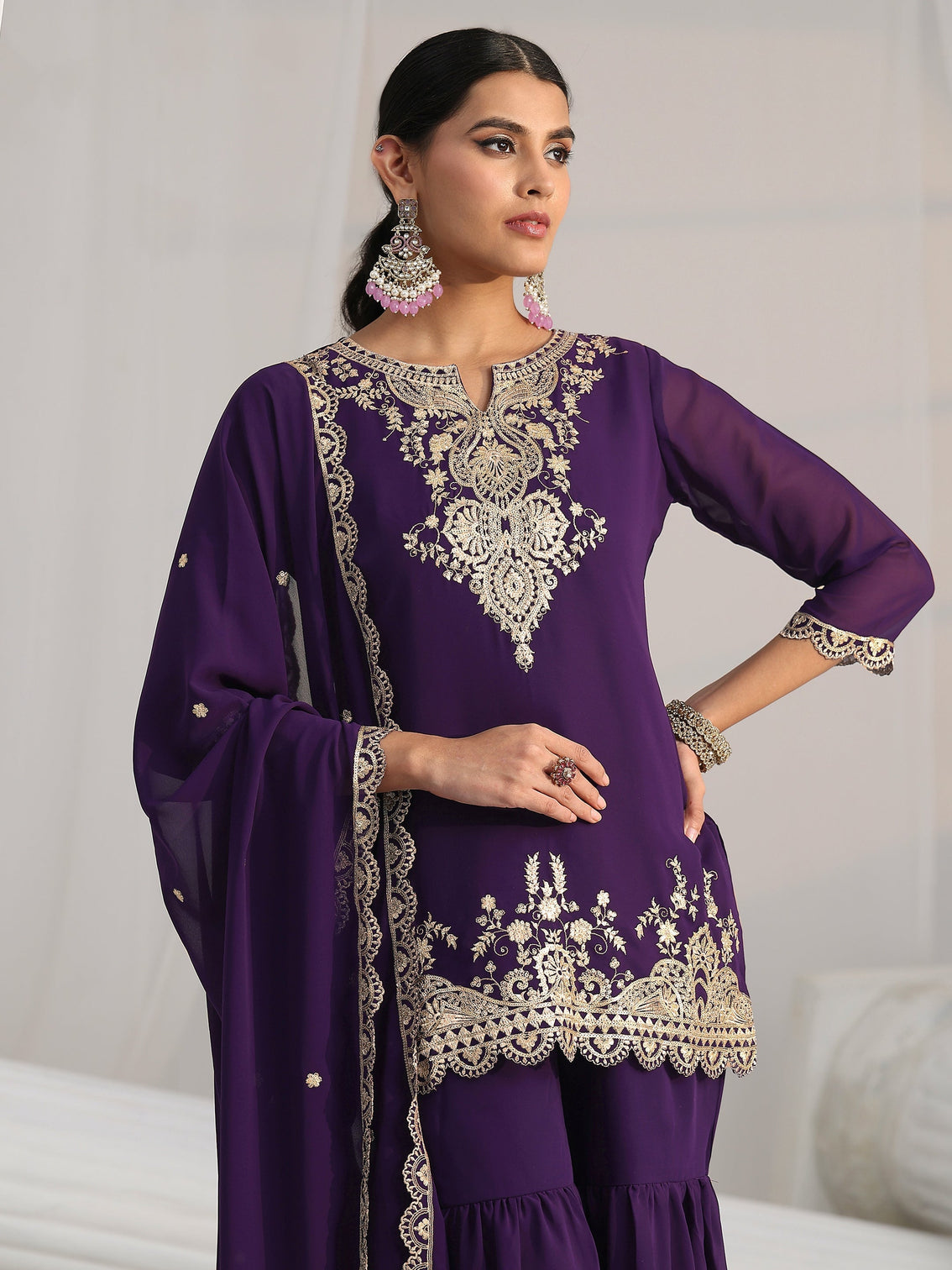 Mameraa Imperial Purple Ethnic Embroidered Sharara Suit Set