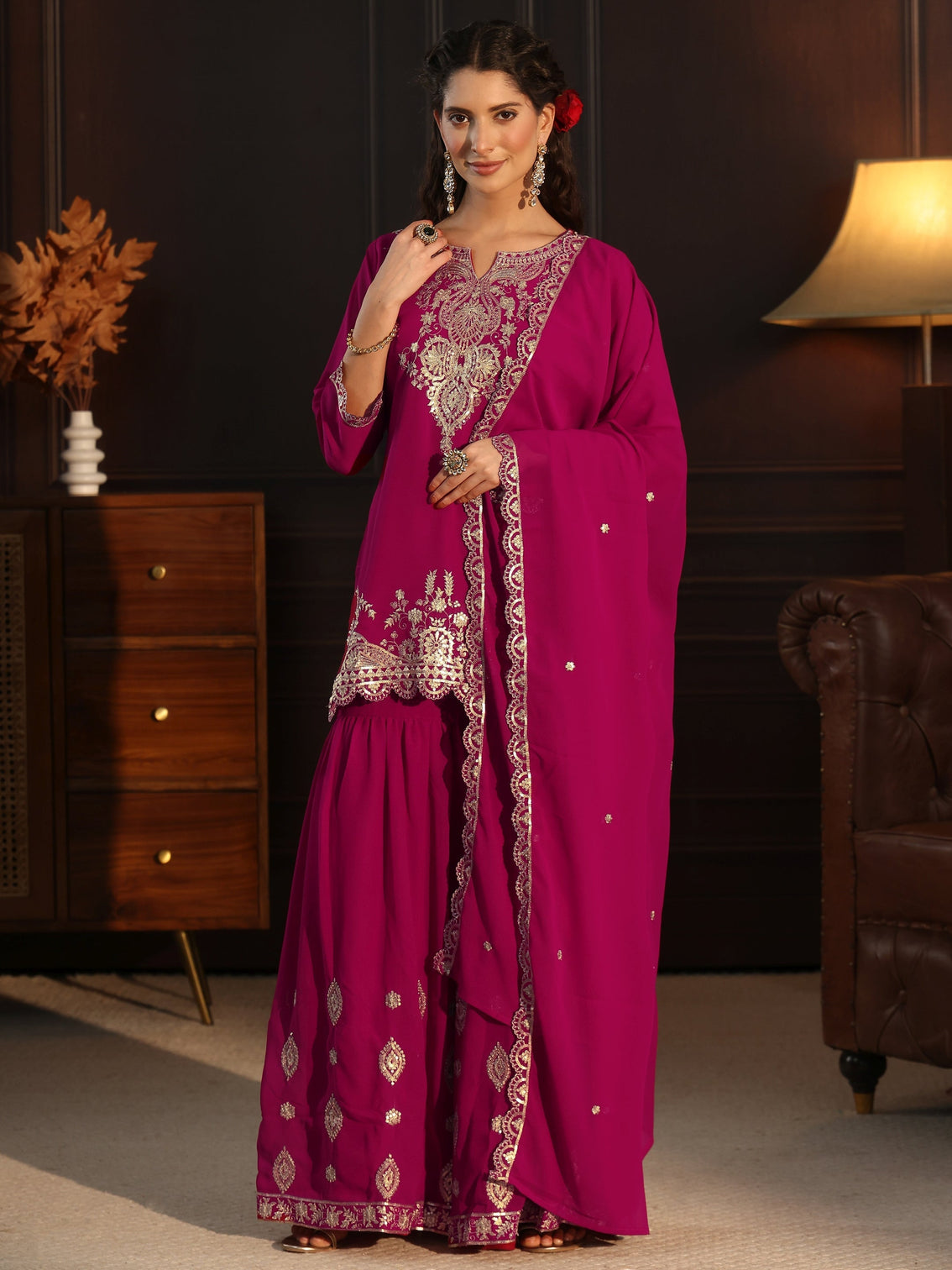 Mameraa Rani Pink Sequin Embellished Georgette Sharara Suit Set