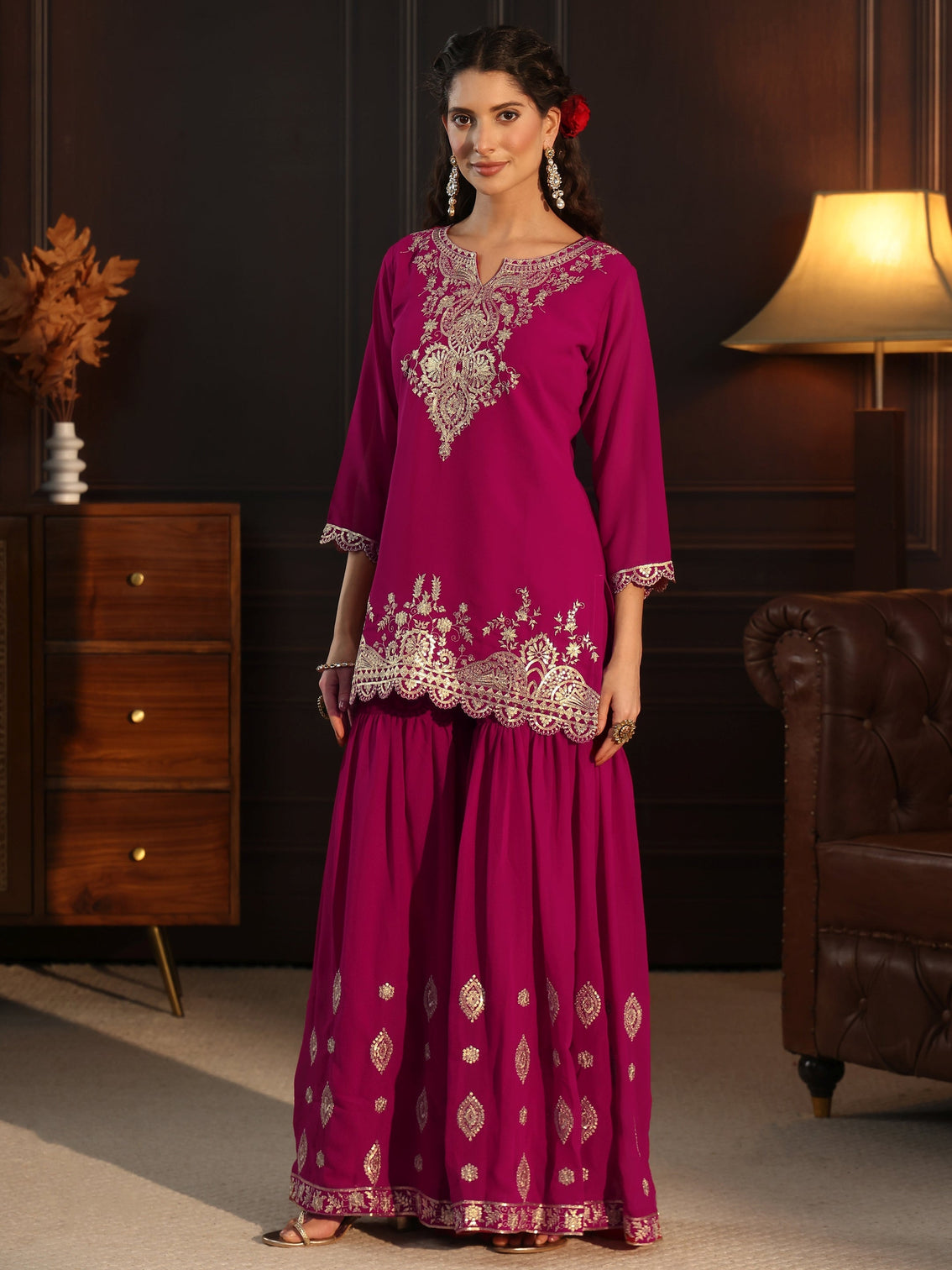 Mameraa Rani Pink Sequin Embellished Georgette Sharara Suit Set
