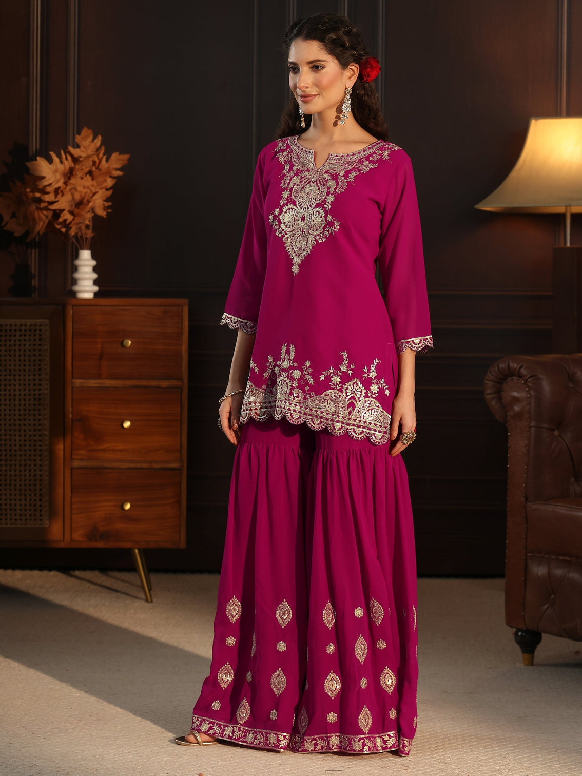 Mameraa Rani Pink Sequin Embellished Georgette Sharara Suit Set