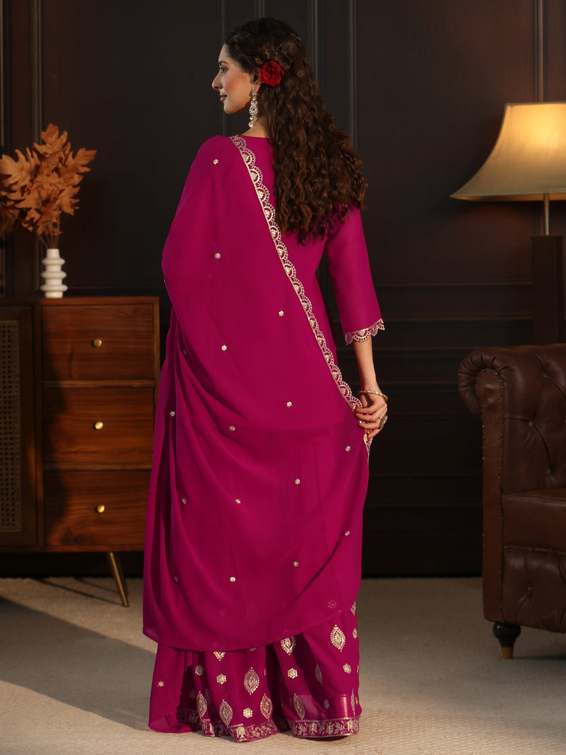 Mameraa Rani Pink Sequin Embellished Georgette Sharara Suit Set