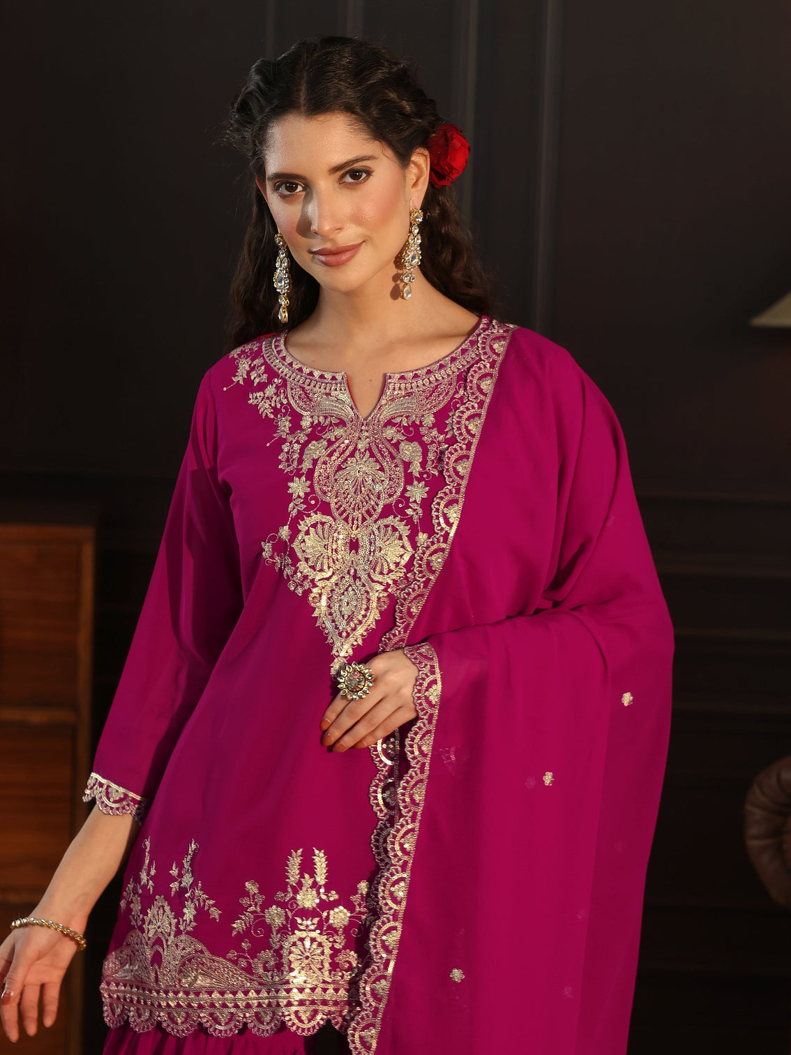 Mameraa Rani Pink Sequin Embellished Georgette Sharara Suit Set