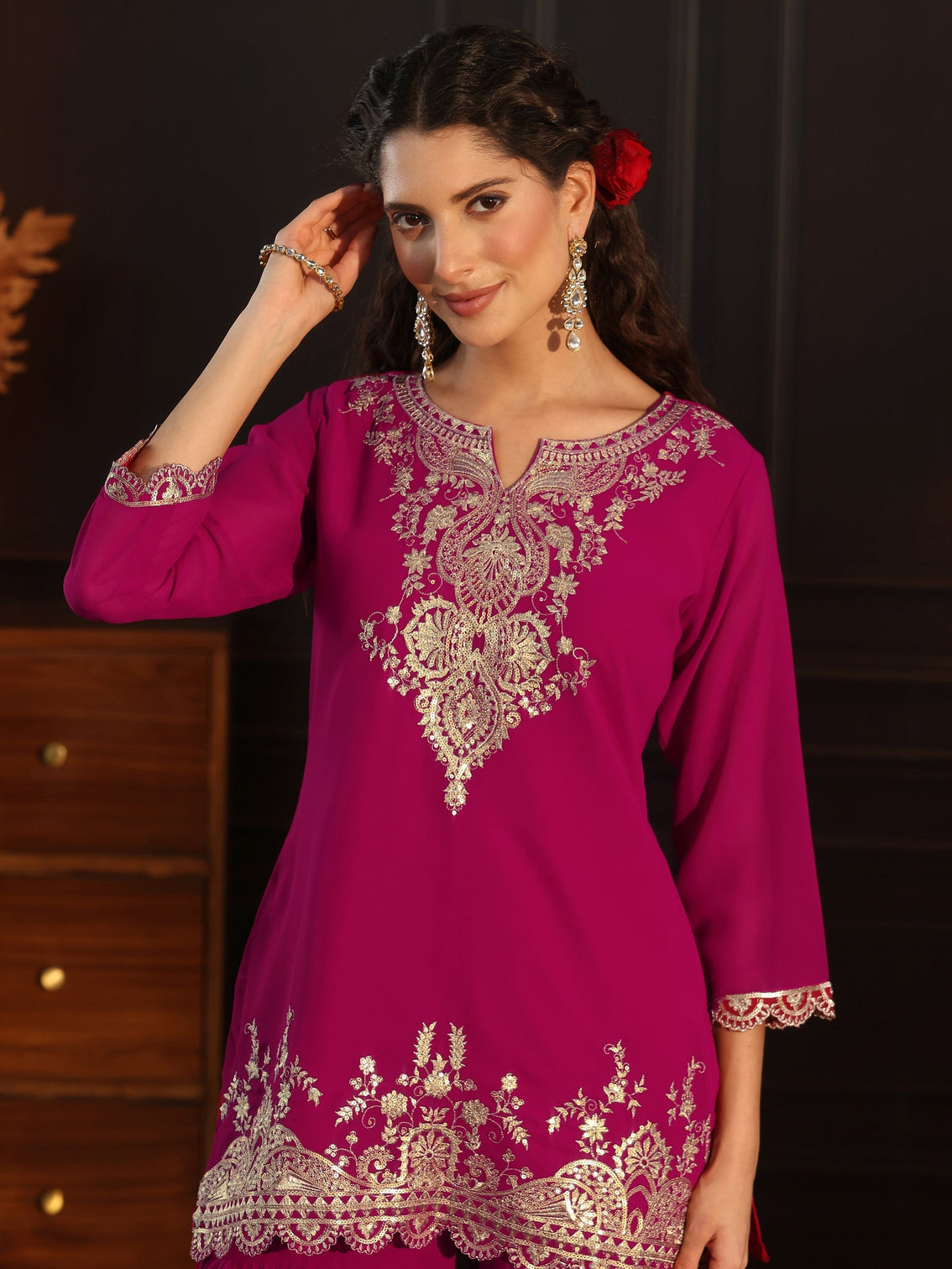 Mameraa Rani Pink Sequin Embellished Georgette Sharara Suit Set