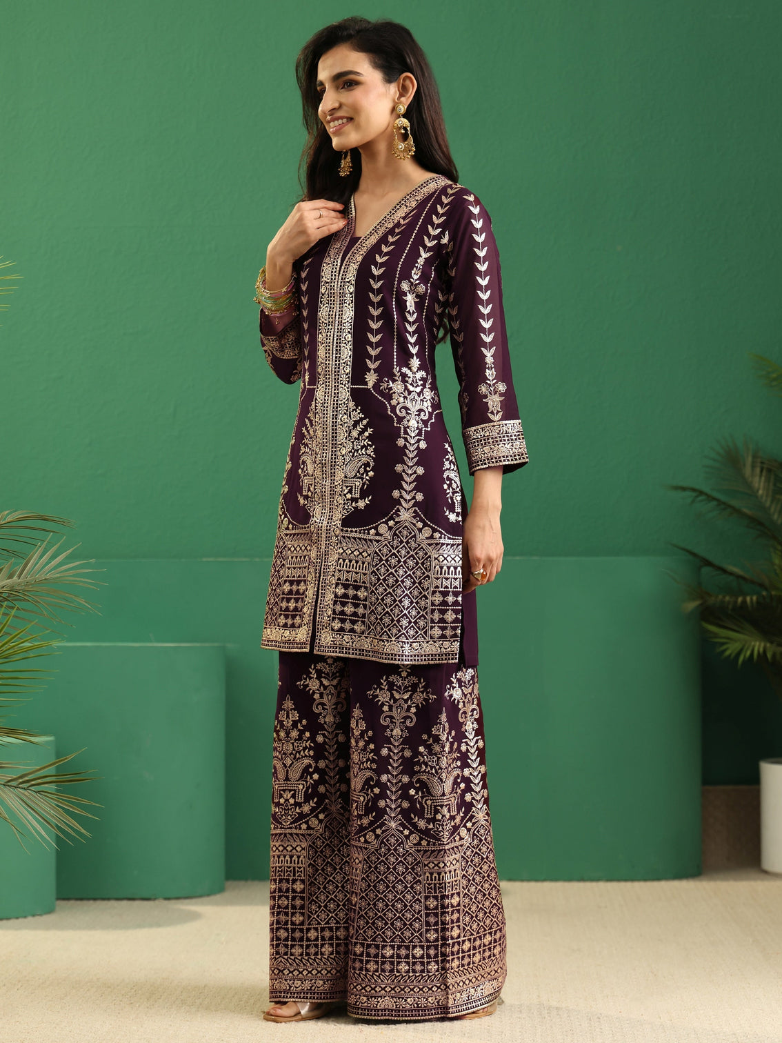 Mameraa Art Burgundy Embellished Georgette Palazzo Suit Set